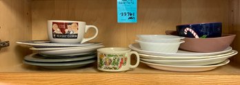 R3 Two Small Anchor Hocking Fire King Dishes, Hershey Cocoa Mug, Platters, Currier & Ives Plate, Soup Mug