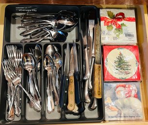 R2 Silverware Drawer Lot Plus Tray And Napkins Forks, Spoons, Knives