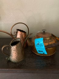 Copper Teapot, 2 Copper Watering Cans