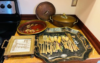 R0 Dirilyte (Dirigold) Goldware Flatware Forks Spoons, Knives Included In Lot Plus Vintage Trays