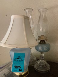 Oil Lamp With Glass Base, Colored Glass Lamp With Fabric Shade, Glass Oil Lamp