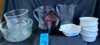 R3 Set Of Four Small Corning Ware Dishes, Small Corning Ware Dish, Three Glass Mixing Bowls, Two Pitchers