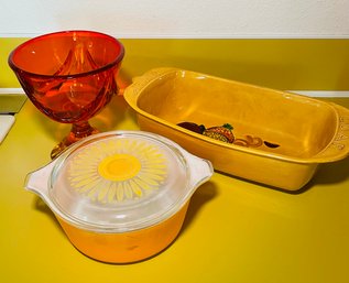 Rm7 Sunflower Pyrex Dish, Meatloaf Pan, And An Orange Candy Dish