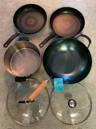 R3 Zhensanhuan Hammered Metal Heavy Wok Pan, Two T-Fal Skillet Pans, Revere Ware Pot (no Lid), Two Lids