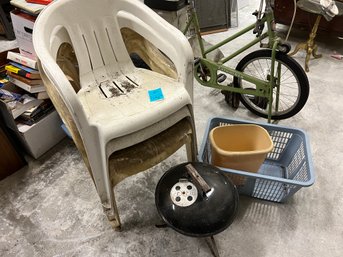 S1 Mini Weber Charcoal Grill - Needs To Be Cleaned. Laundry Basket, Trash Basket, Four Plastic Chairs