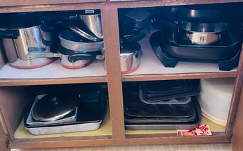 R9 Two Cupboards Of Pots And Pans, Bakeware, Griddle, Plasticware And Other Kitchen Items