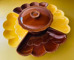 R9 Vintage Sunflower Pottery Lazy Susan Chips And Dip Set