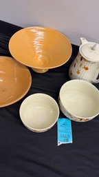 R4 Halls Superior Fall/ Autumn Coffee Pot And Bowls, Antique Banded Yellow Ware Mixing Bowl And One Unmarked