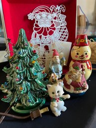 R6 Christmas Decorations Including Figurines, Music Box, Vintage Lit Tree, Glass Ornaments And Boxed Decor