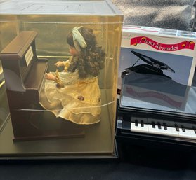 R4 Vintage Clearline Concepts Piano VHS Rewinder And Vintage Porcelain Doll Playing Piano In Display Case