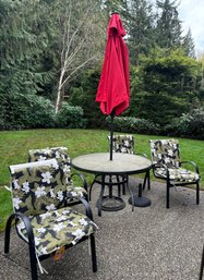 R00 Outdoor Furniture To Include Table, Four Chairs With Cushions, An Umbrella And Two Bases For Umbrella