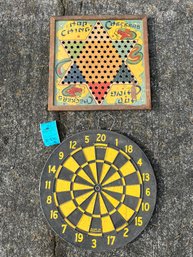 R0 Hop Ching Checkers Board, Old Dart Board And WWII Era Vintage Wooden Crate