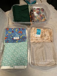 R5 Three Tubs Of Fabric.  Some Fabric Yardage Is Labeled By Owner With Sizes.  Includes Tubs