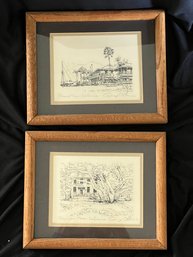 R8 Two Pen/ink Drawings Of Lahaina Signed By George Allan  Framed To 11in X 9.5in
