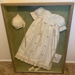 R1 Handmade Silk Slub Christening Gown With Bonnet, Booties And Handkerchief In Shadow Box