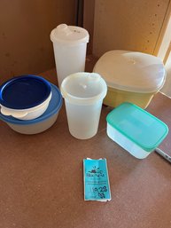 Vintage - Tupperware Storage, Bowls, Small Rectangle, Two Cylinders With Pour Lids, Square Strainer Storage