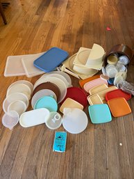 Vintage - Box Of Tupperware Lids And Two Wall Mountable Tupperware Lid Storage Holders