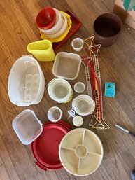 Vintage - Box Of Lidless Tupperware Bowls,  Storage, Appetizer Tray, Pitcher, Carrier Straps