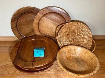 R3 Monkey Pod Wood Plates, Wood Bowl And Wicker Tray/bowl