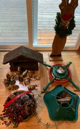 Nativity Set, Christmas Decor, 2 Tree Stands, Basket With Pinecones, Wreath Form, Wooden Reindeer Figurine