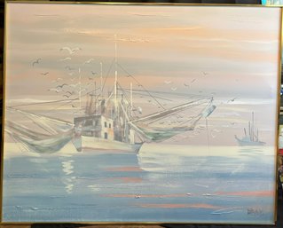 R5 Large Mid Century Fishing Trawler Painting Framed - Lee Reynolds