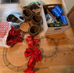 Metal Wreath Forms, Box Of Christmas Lights, Pinecones, Holiday Ribbon, Small Baskets, Wood Round
