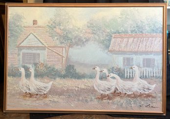 R5 Large Framed Original Artwork Garden Stroll Impasto Style Geese Signed E. Lee