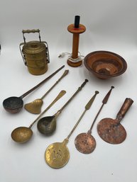 R2 Antique Brass Tiffin Box, Ceramic Bowl Signed On Bottom, Metal Utensils, Vintage Spool Made Into A Lamp