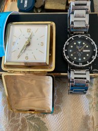 Rm 7 - Bulova Watch, Vintage Florn Travel Clock, Vanity Organizer