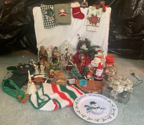 R1 Bin Of Christmas/holiday Decor- Towels, Plate, Figurines, Candles, Snow Globe, Napkins, Stocking Hanger