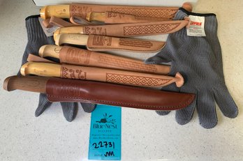 R3 Seven J.Marttiini Finland Rapala Fillet Knives In Leather Sheaths And Two Large Rapala Fillet Gloves