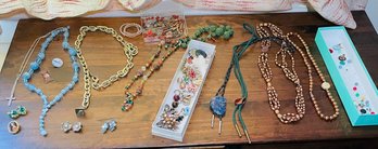 R6 Costume Jewelry Lot Including Necklaces, Clip On Earrings, Pins, And Loose Items