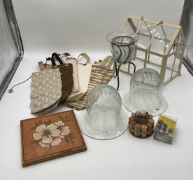 Tabletop Greenhouse, Semigres Tile Trivet, Wine Gift Bags, Reusable Wine Tags, Glass Cloches, Candle Holder