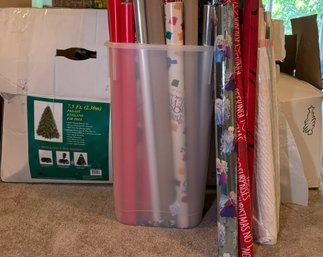 R7 7.5ft Pre-Lit England Fir Tree And Collection Of Wrapping Paper, Located Down Stairs