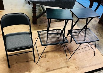 R0 Folding Chair, (2) Folding TV Tray Tables, Two Metal Side Tables