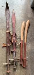 2 Ethiopian Swords In Sheaths, Ethiopian Olive Wood Clubs