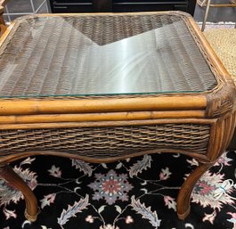 Bamboo Wicker End Table W/glass Top