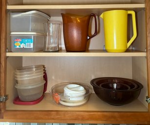 R2 Pyrex Set Of Mixing Bowls, Vintage Style Pitchers, Tubberware, And Some Others