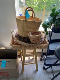 Wooden Stool And Wicker Serving Trays, Basket And Basket Bag