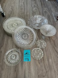 Glass Dishes: Plates, Bowl, Small Pedestal Dish