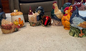 R7 Five Decorative Cookie Jar Roosters, Two Fitz And Floyd, One Knitted