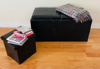 R2 Ottoman With Reversible Cushions And Storage, A Foot Stool With Storage, And A Throw Blanket And A Few DVDS