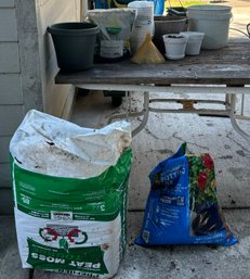 R00 Gardening Lot To Include Sphagnum PeatMoss, All Purpose Potting Soil, Planters, And Christmas Cactus Potti