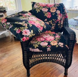 R5 Dark Wicker Chair With Three Floral Pillows