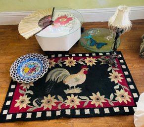 R5 Decorative Shallow Bowls, A Stool, Round Glass Top, Fan, Rooster Floor Mat, Lamp