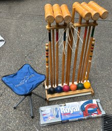 R0 Croquet Set, Royal Horseshoe Set And A Eddie Bauer Stool And Set Of Three Golf Clubs