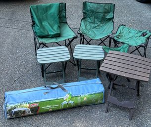 R0 Coleman Geosport Shade With Uvguard Protection, Lot Of Camping Tables And Chairs