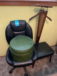 Rm 5 - Armless Rolling Office Chair, Vintage Valet Stool With Hanging Rack And Jewelry Tray, Small Ottoman
