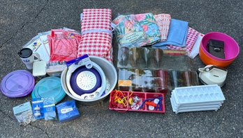 R0 Picnic Style Kitchen Lot To Include Outdoor Tablecloths, Drinkware Sets, The Skagit By Cutter And Buck And