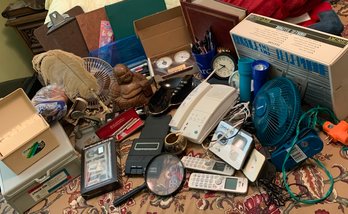 Rm 5 - Assorted Office Supplies, Quill Pen, Buddha Statue, Cordless Phones, Cassette Adaptor, Stationary